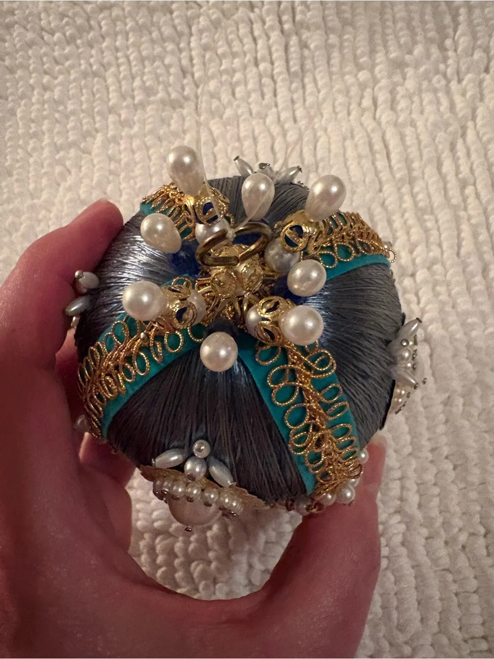 Handcrafted Blue and White Beaded Tassel Push Pin Ornament